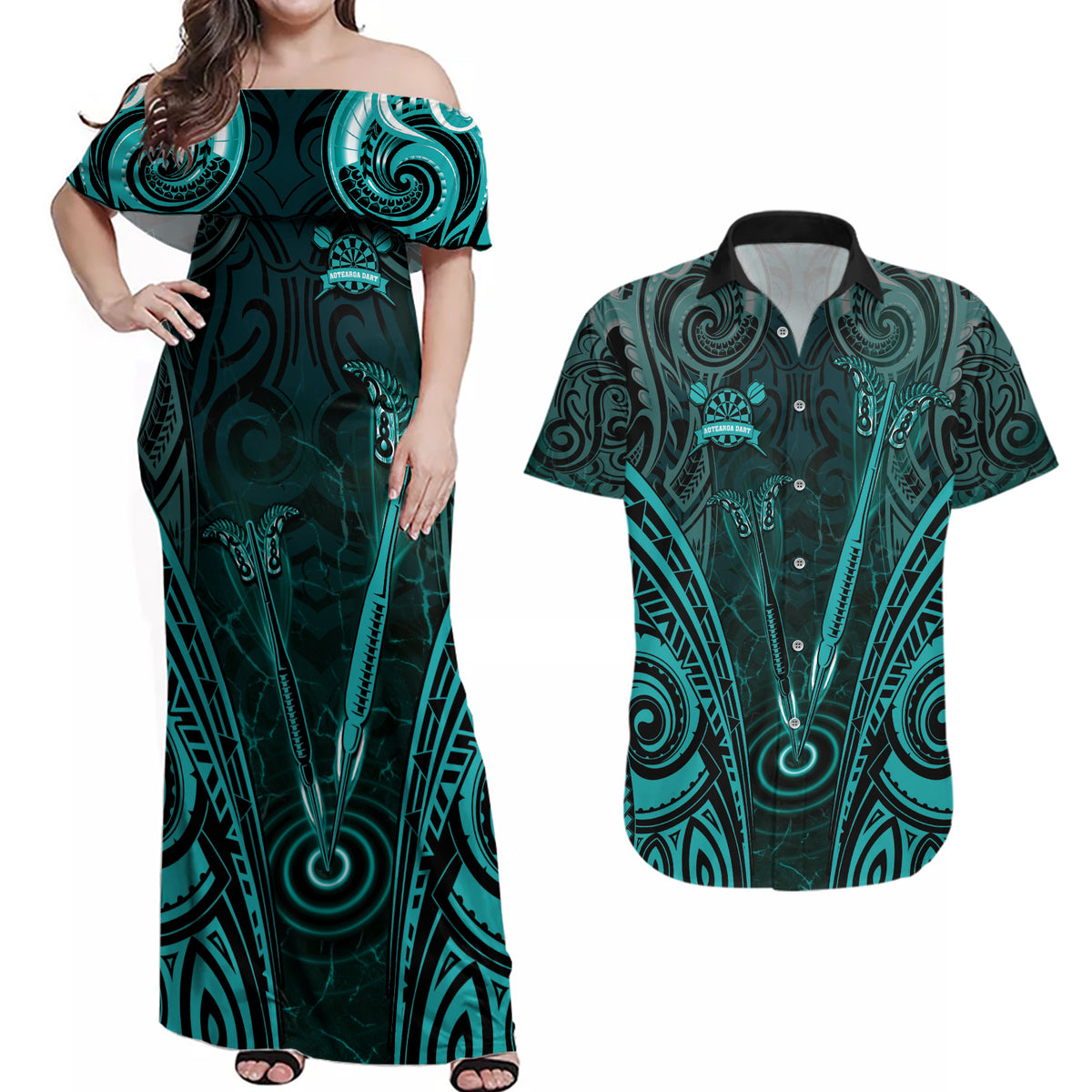 Personalised New Zealand Darts Couples Matching Off Shoulder Maxi Dress and Hawaiian Shirt Turquoise Dart Board Maori Pattern LT05 Turquoise - Polynesian Pride