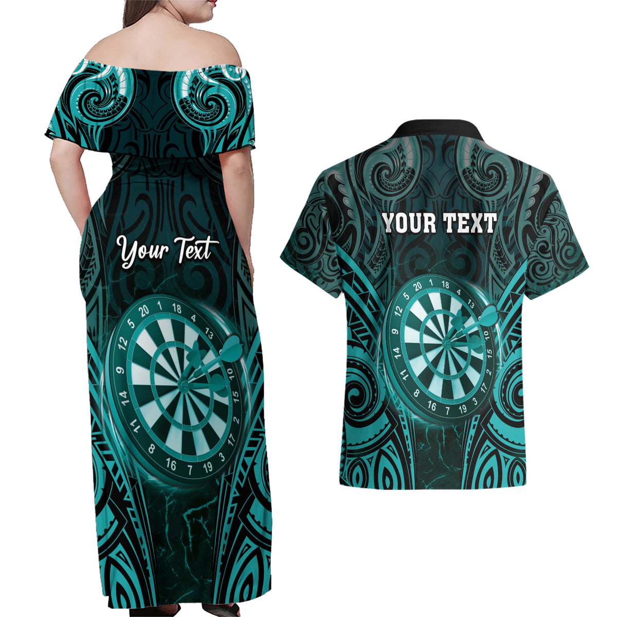 Personalised New Zealand Darts Couples Matching Off Shoulder Maxi Dress and Hawaiian Shirt Turquoise Dart Board Maori Pattern LT05 - Polynesian Pride
