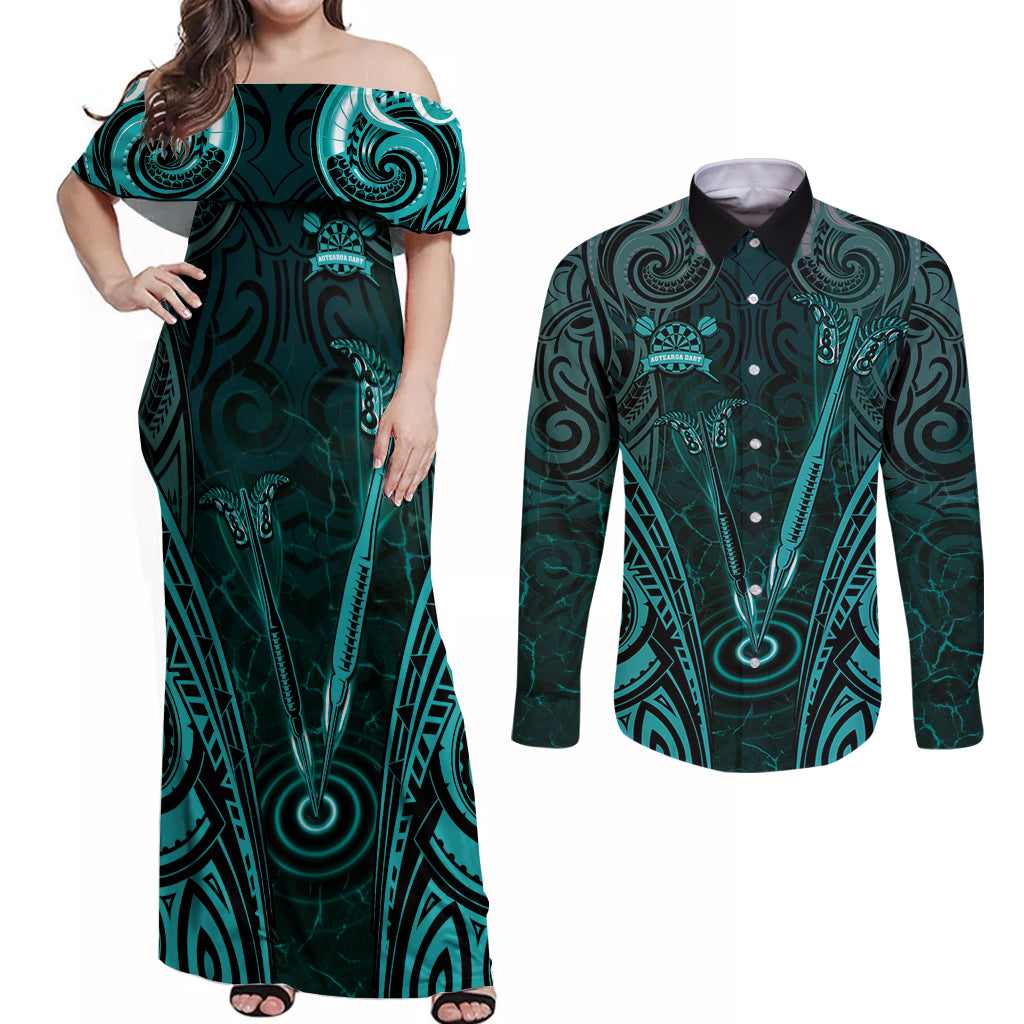 Personalised New Zealand Darts Couples Matching Off Shoulder Maxi Dress and Long Sleeve Button Shirt Turquoise Dart Board Maori Pattern LT05 Turquoise - Polynesian Pride