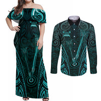 Personalised New Zealand Darts Couples Matching Off Shoulder Maxi Dress and Long Sleeve Button Shirt Turquoise Dart Board Maori Pattern LT05 Turquoise - Polynesian Pride