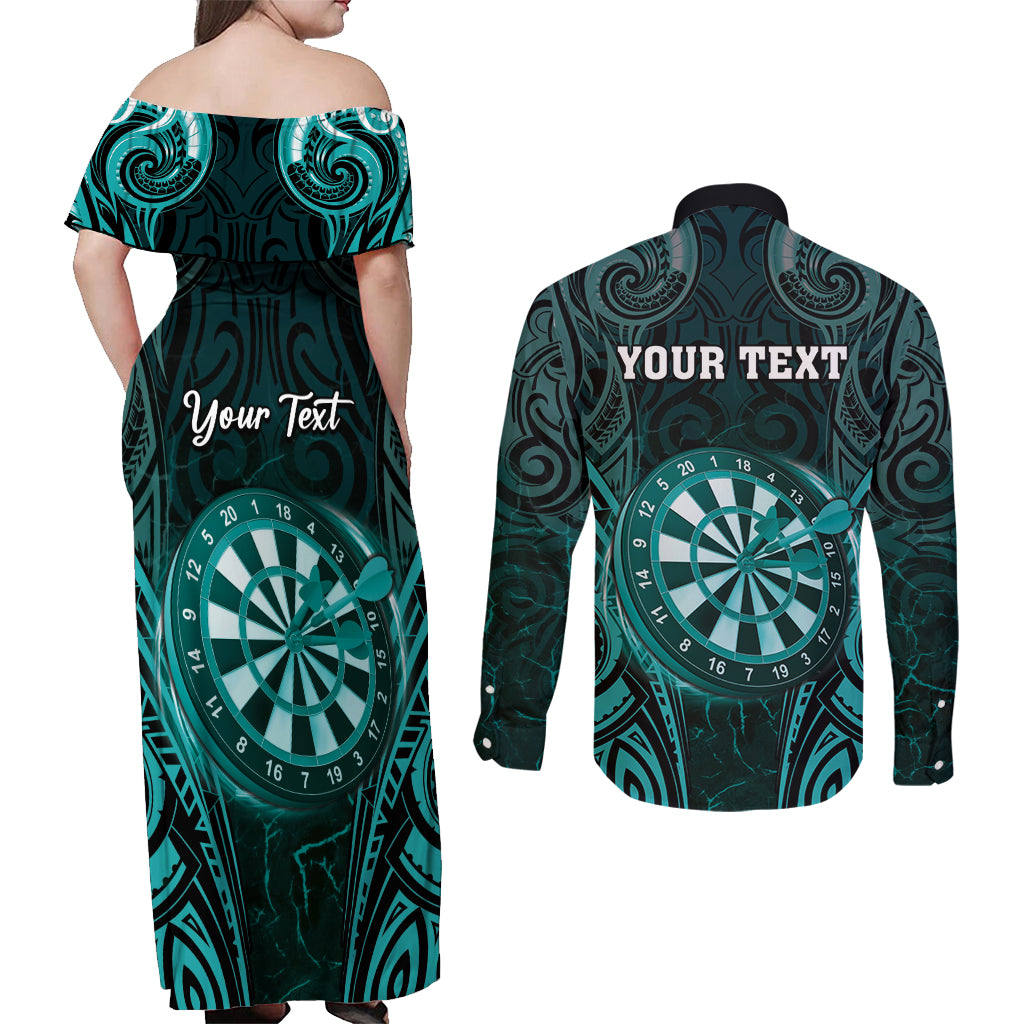 Personalised New Zealand Darts Couples Matching Off Shoulder Maxi Dress and Long Sleeve Button Shirt Turquoise Dart Board Maori Pattern LT05 - Polynesian Pride
