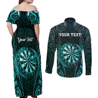 Personalised New Zealand Darts Couples Matching Off Shoulder Maxi Dress and Long Sleeve Button Shirt Turquoise Dart Board Maori Pattern LT05 - Polynesian Pride