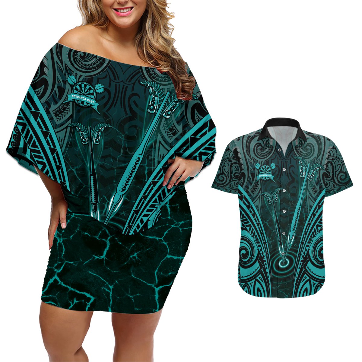 Personalised New Zealand Darts Couples Matching Off Shoulder Short Dress and Hawaiian Shirt Turquoise Dart Board Maori Pattern LT05 Turquoise - Polynesian Pride