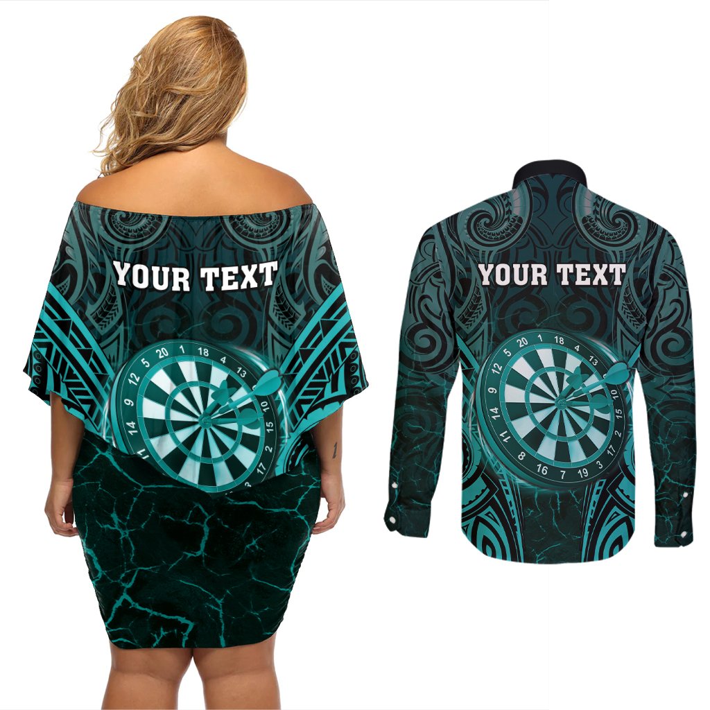Personalised New Zealand Darts Couples Matching Off Shoulder Short Dress and Long Sleeve Button Shirt Turquoise Dart Board Maori Pattern LT05 - Polynesian Pride