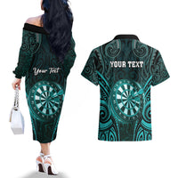 Personalised New Zealand Darts Couples Matching Off The Shoulder Long Sleeve Dress and Hawaiian Shirt Turquoise Dart Board Maori Pattern LT05 - Polynesian Pride