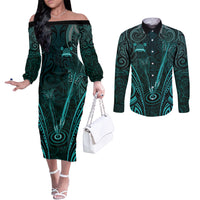 Personalised New Zealand Darts Couples Matching Off The Shoulder Long Sleeve Dress and Long Sleeve Button Shirt Turquoise Dart Board Maori Pattern LT05 Turquoise - Polynesian Pride