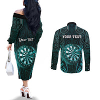 Personalised New Zealand Darts Couples Matching Off The Shoulder Long Sleeve Dress and Long Sleeve Button Shirt Turquoise Dart Board Maori Pattern LT05 - Polynesian Pride