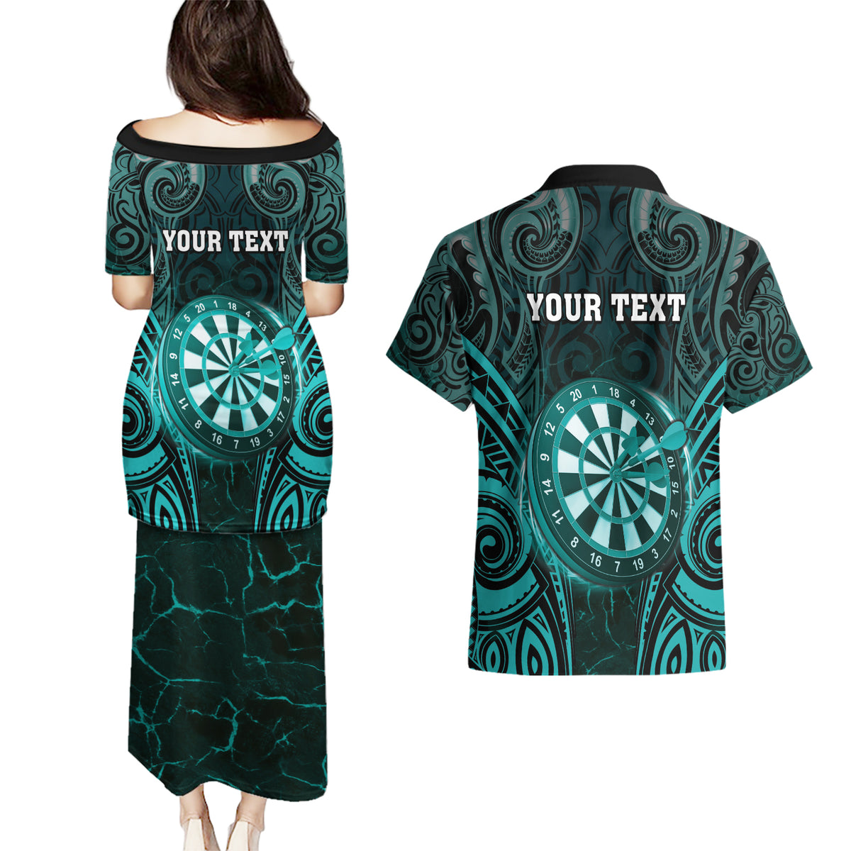 Personalised New Zealand Darts Couples Matching Puletasi and Hawaiian Shirt Turquoise Dart Board Maori Pattern LT05 - Polynesian Pride