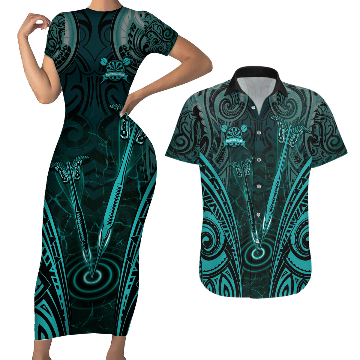 Personalised New Zealand Darts Couples Matching Short Sleeve Bodycon Dress and Hawaiian Shirt Turquoise Dart Board Maori Pattern LT05 Turquoise - Polynesian Pride
