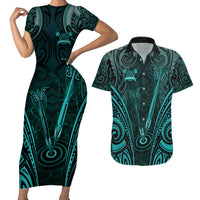 Personalised New Zealand Darts Couples Matching Short Sleeve Bodycon Dress and Hawaiian Shirt Turquoise Dart Board Maori Pattern LT05 Turquoise - Polynesian Pride