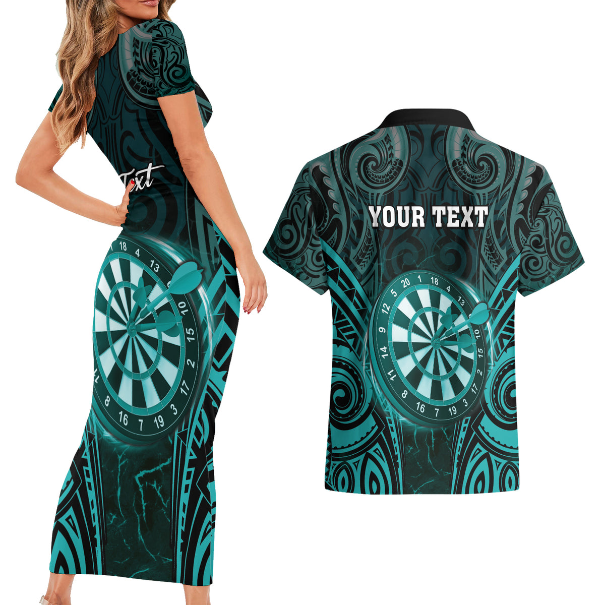 Personalised New Zealand Darts Couples Matching Short Sleeve Bodycon Dress and Hawaiian Shirt Turquoise Dart Board Maori Pattern LT05 - Polynesian Pride