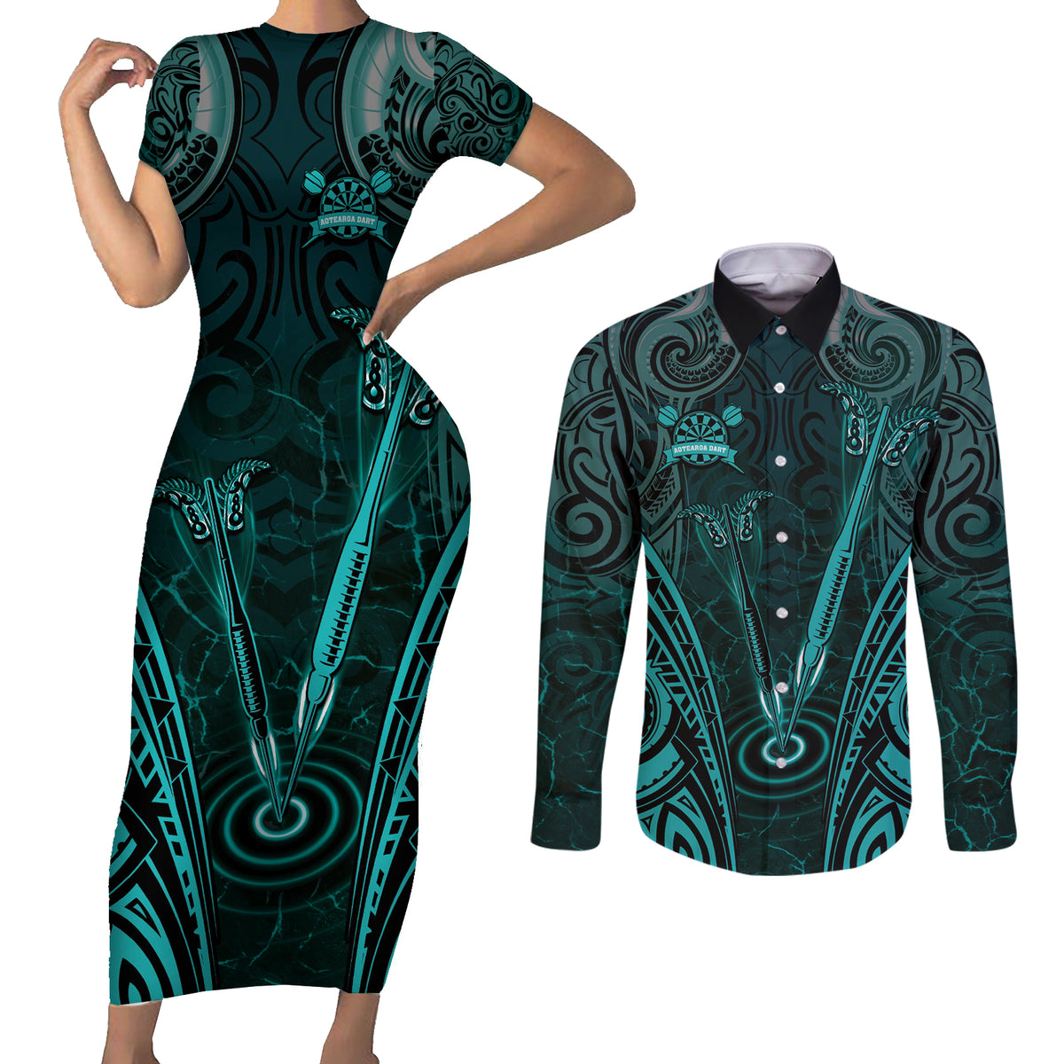 Personalised New Zealand Darts Couples Matching Short Sleeve Bodycon Dress and Long Sleeve Button Shirt Turquoise Dart Board Maori Pattern LT05 Turquoise - Polynesian Pride