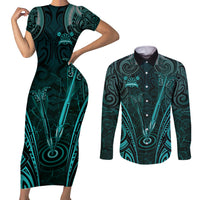 Personalised New Zealand Darts Couples Matching Short Sleeve Bodycon Dress and Long Sleeve Button Shirt Turquoise Dart Board Maori Pattern LT05 Turquoise - Polynesian Pride