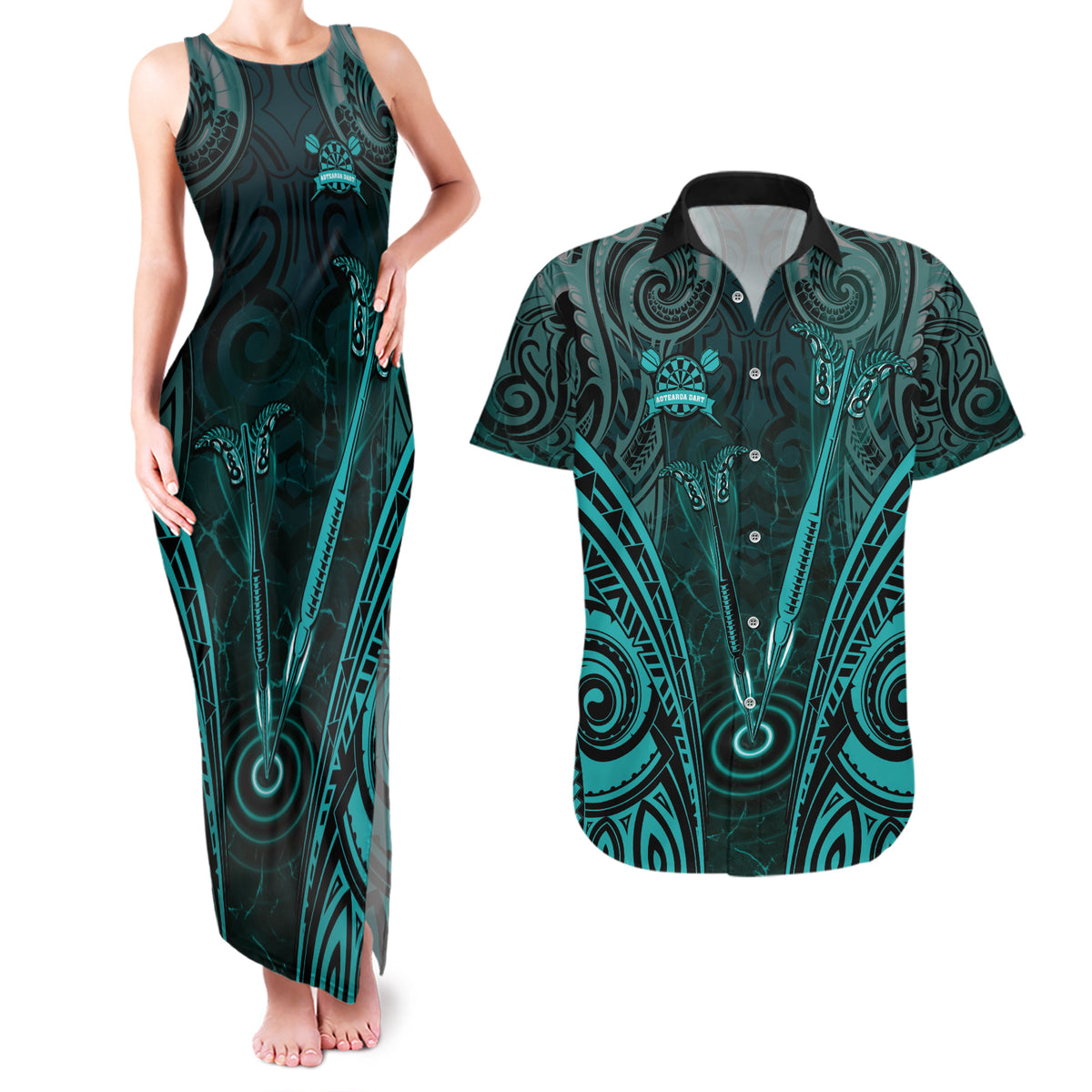 Personalised New Zealand Darts Couples Matching Tank Maxi Dress and Hawaiian Shirt Turquoise Dart Board Maori Pattern LT05 Turquoise - Polynesian Pride