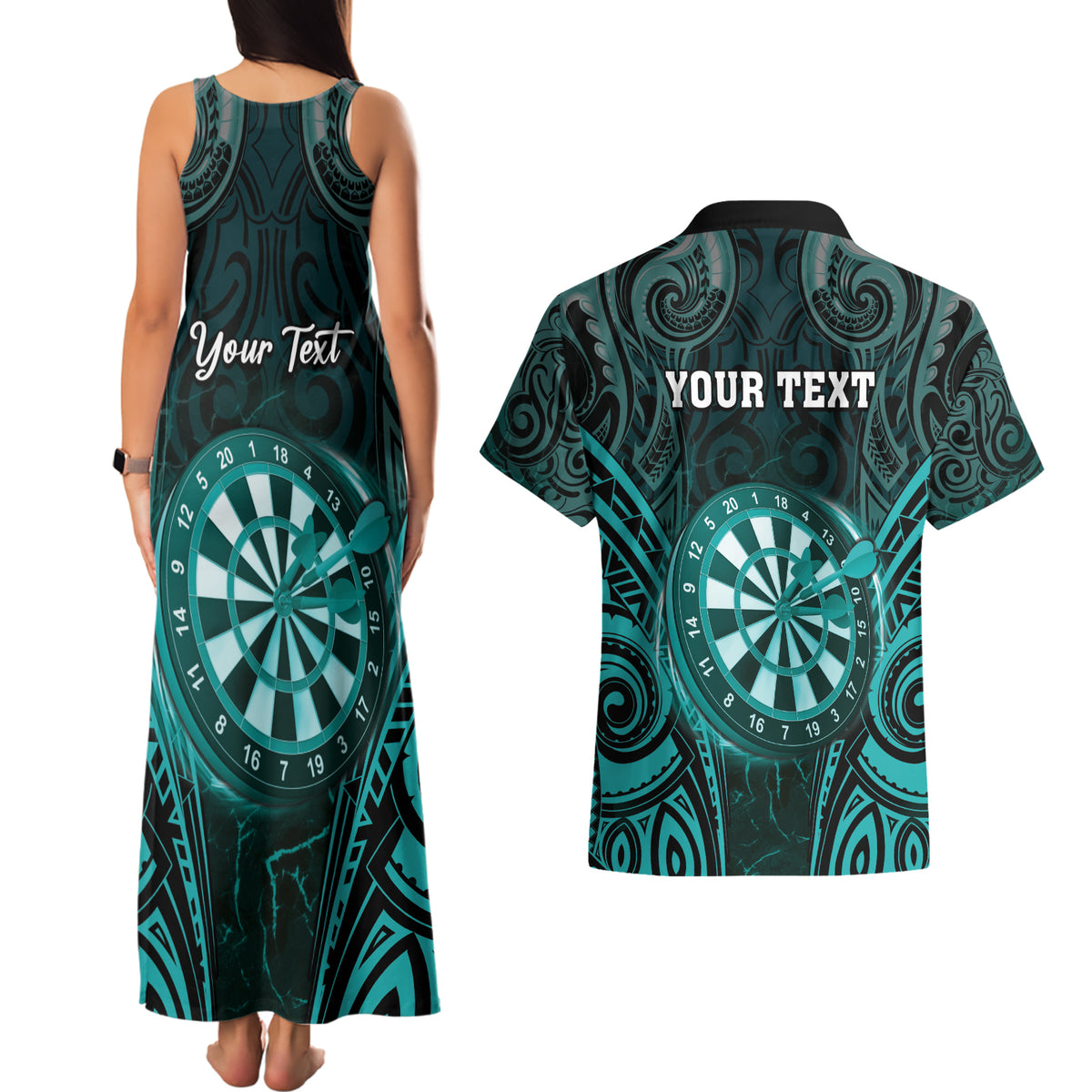 Personalised New Zealand Darts Couples Matching Tank Maxi Dress and Hawaiian Shirt Turquoise Dart Board Maori Pattern LT05 - Polynesian Pride