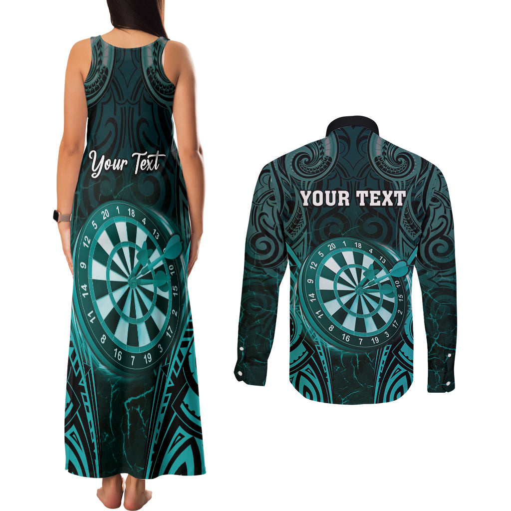 Personalised New Zealand Darts Couples Matching Tank Maxi Dress and Long Sleeve Button Shirt Turquoise Dart Board Maori Pattern LT05 - Polynesian Pride
