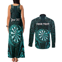 Personalised New Zealand Darts Couples Matching Tank Maxi Dress and Long Sleeve Button Shirt Turquoise Dart Board Maori Pattern LT05 - Polynesian Pride