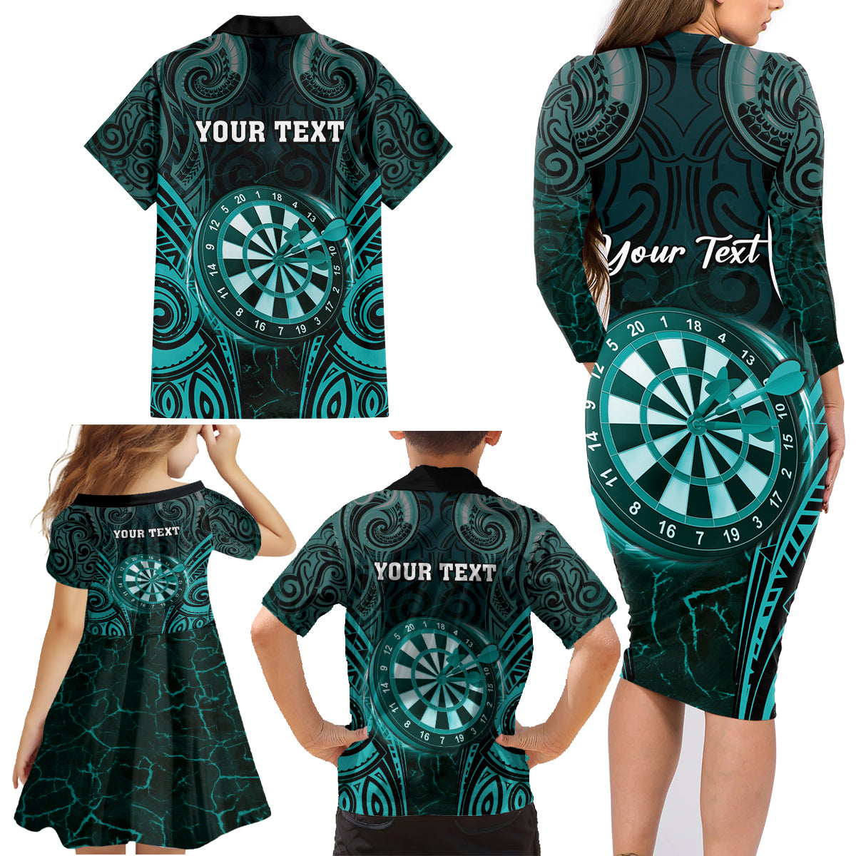 Personalised New Zealand Darts Family Matching Long Sleeve Bodycon Dress and Hawaiian Shirt Turquoise Dart Board Maori Pattern LT05 - Polynesian Pride