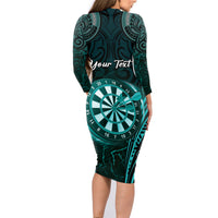 Personalised New Zealand Darts Family Matching Long Sleeve Bodycon Dress and Hawaiian Shirt Turquoise Dart Board Maori Pattern LT05 - Polynesian Pride