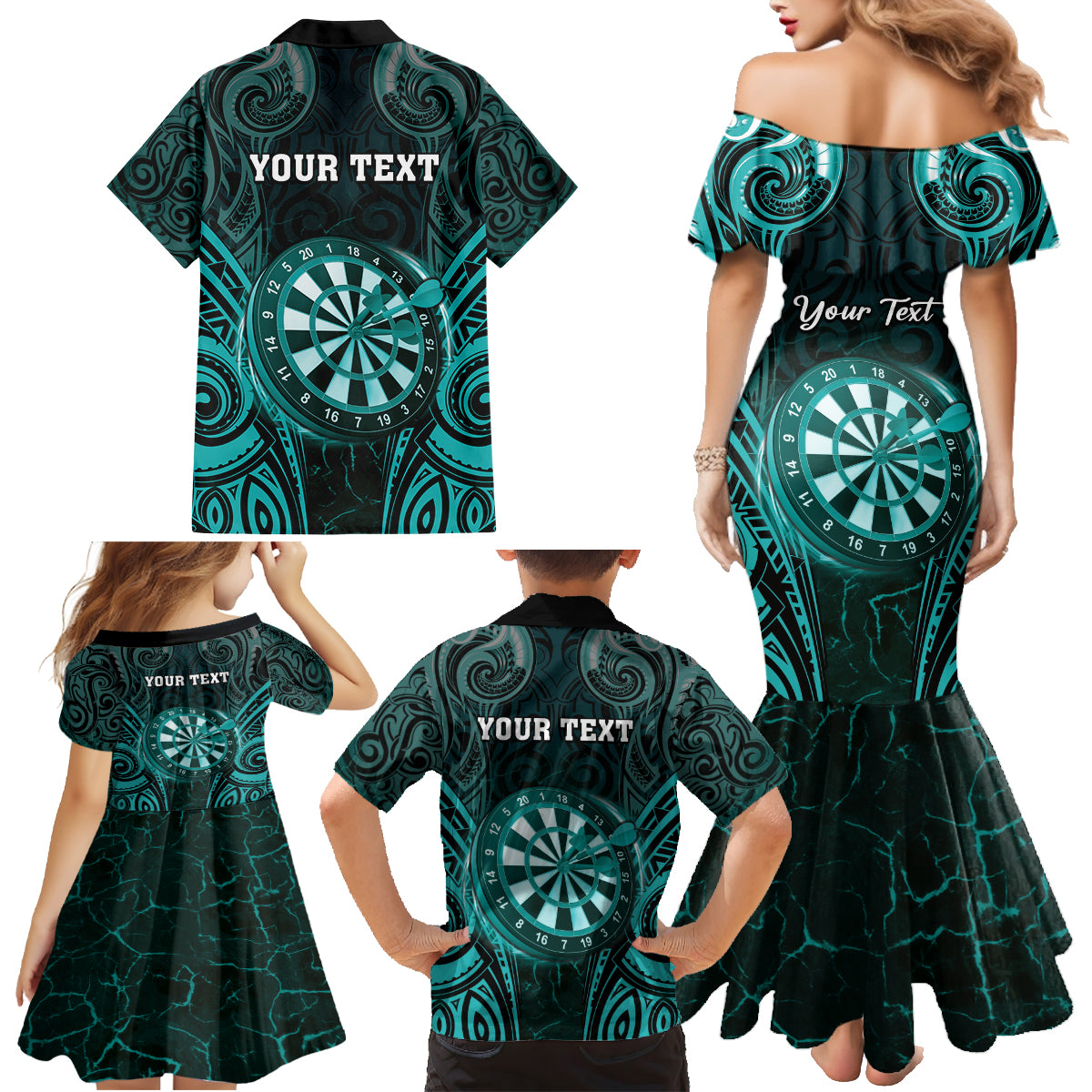 Personalised New Zealand Darts Family Matching Mermaid Dress and Hawaiian Shirt Turquoise Dart Board Maori Pattern LT05 - Polynesian Pride