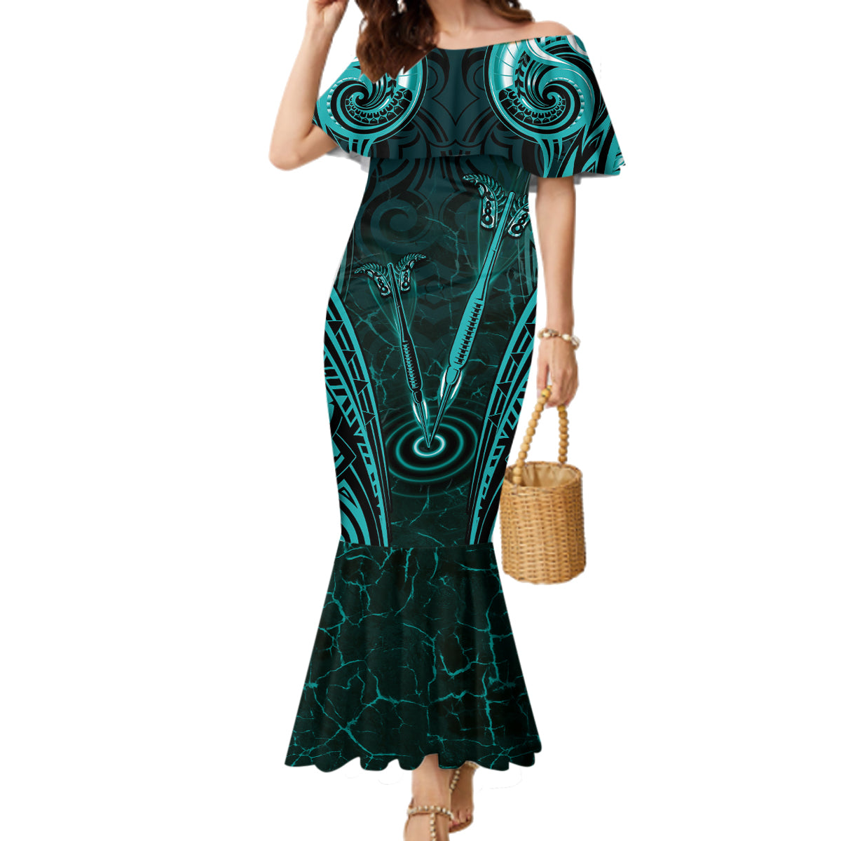 Personalised New Zealand Darts Family Matching Mermaid Dress and Hawaiian Shirt Turquoise Dart Board Maori Pattern LT05 Mom's Dress Turquoise - Polynesian Pride