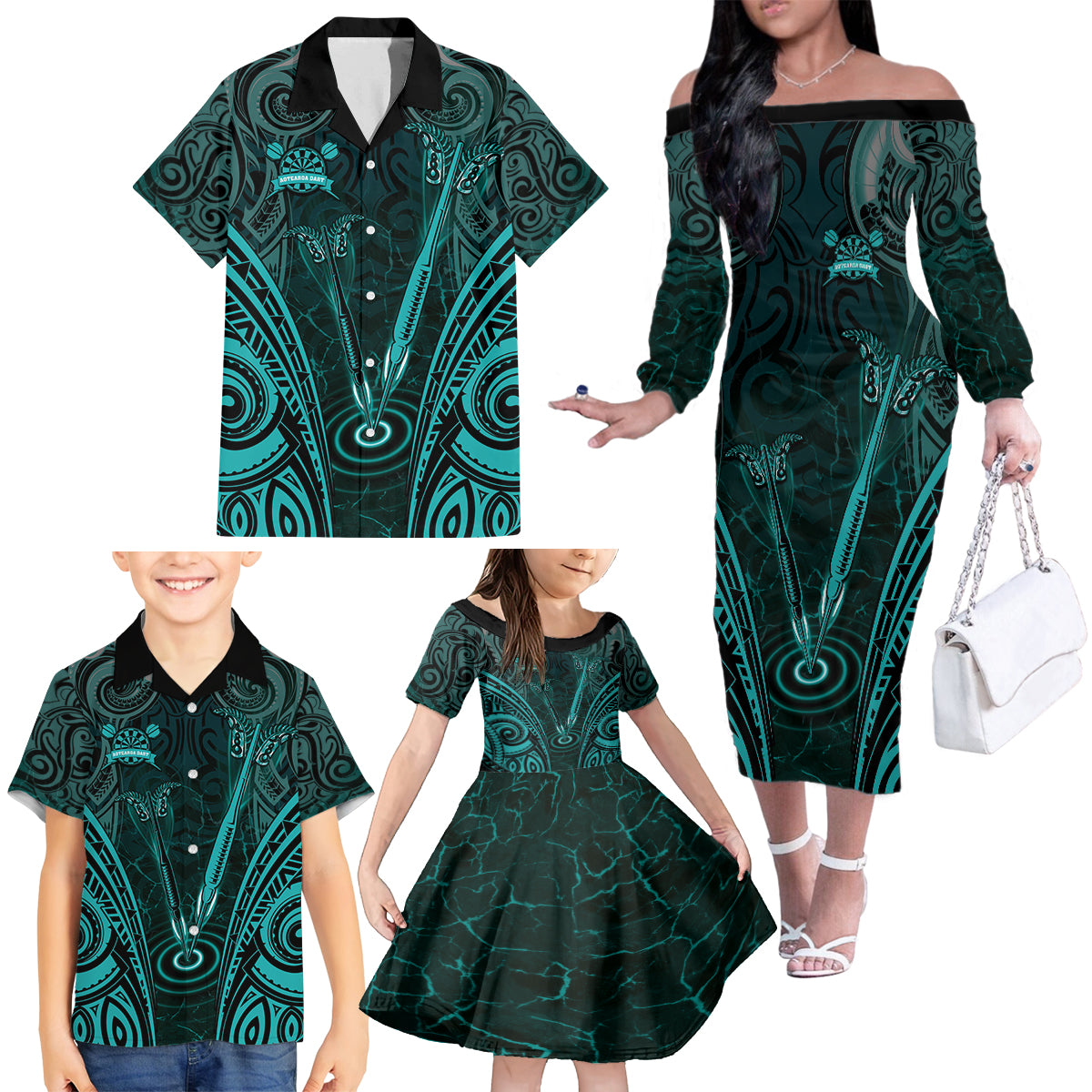 Personalised New Zealand Darts Family Matching Off The Shoulder Long Sleeve Dress and Hawaiian Shirt Turquoise Dart Board Maori Pattern LT05 - Polynesian Pride