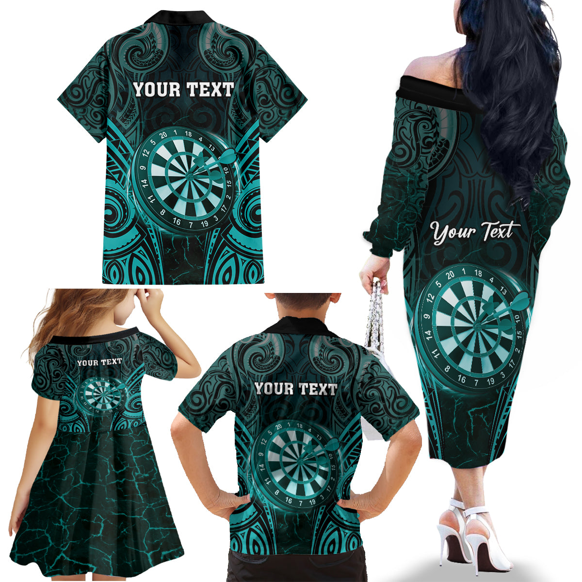 Personalised New Zealand Darts Family Matching Off The Shoulder Long Sleeve Dress and Hawaiian Shirt Turquoise Dart Board Maori Pattern LT05 - Polynesian Pride