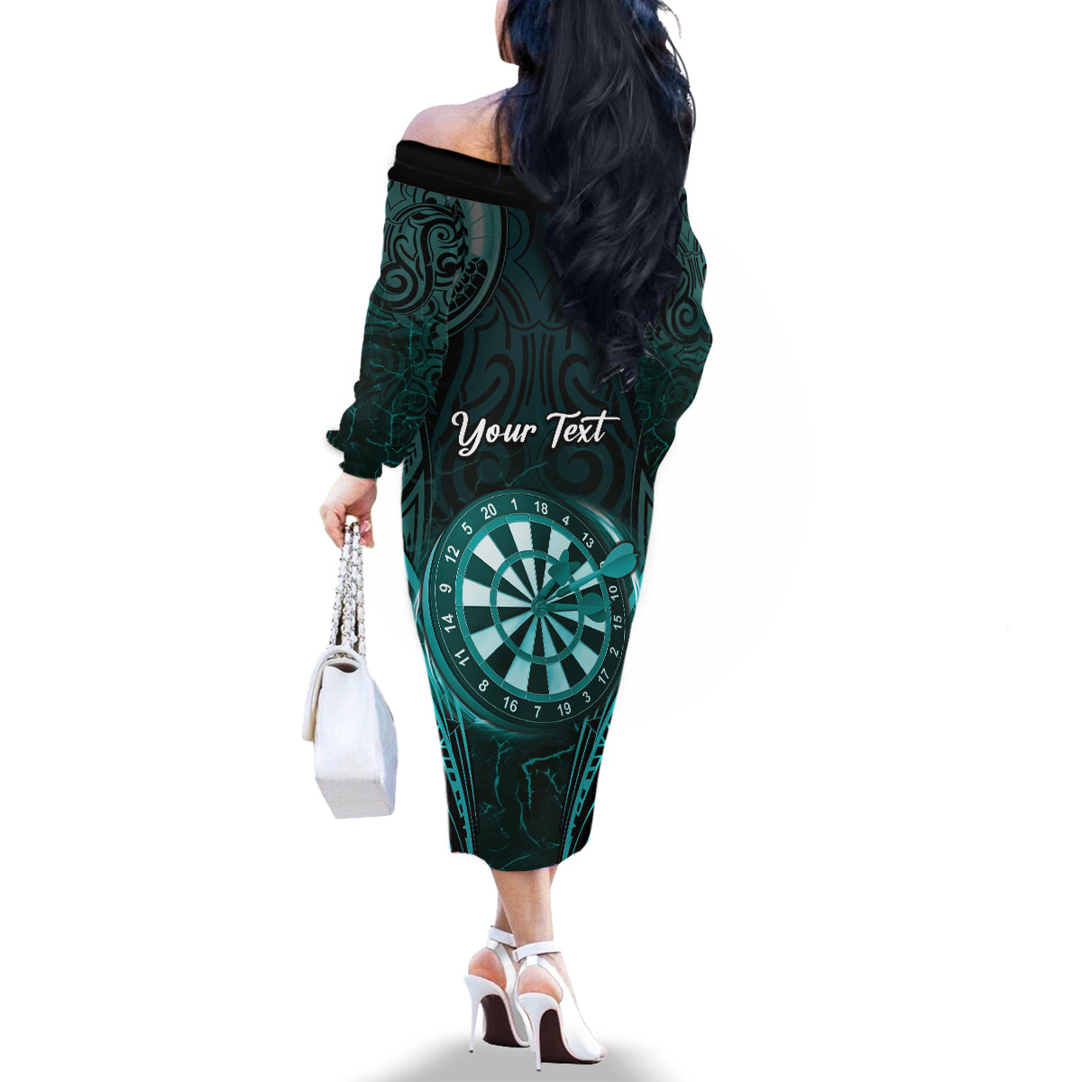 Personalised New Zealand Darts Family Matching Off The Shoulder Long Sleeve Dress and Hawaiian Shirt Turquoise Dart Board Maori Pattern LT05 - Polynesian Pride