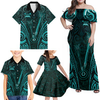 Personalised New Zealand Darts Family Matching Off Shoulder Maxi Dress and Hawaiian Shirt Turquoise Dart Board Maori Pattern LT05 - Polynesian Pride