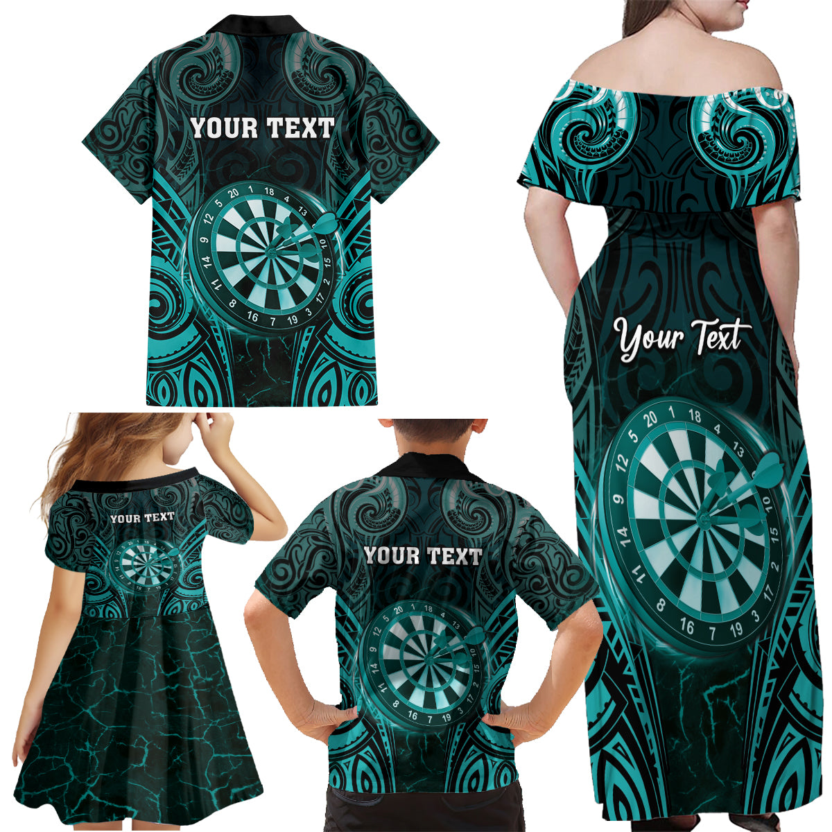 Personalised New Zealand Darts Family Matching Off Shoulder Maxi Dress and Hawaiian Shirt Turquoise Dart Board Maori Pattern LT05 - Polynesian Pride