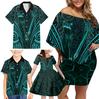 Personalised New Zealand Darts Family Matching Off Shoulder Short Dress and Hawaiian Shirt Turquoise Dart Board Maori Pattern LT05 - Polynesian Pride