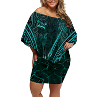 Personalised New Zealand Darts Family Matching Off Shoulder Short Dress and Hawaiian Shirt Turquoise Dart Board Maori Pattern LT05 Mom's Dress Turquoise - Polynesian Pride