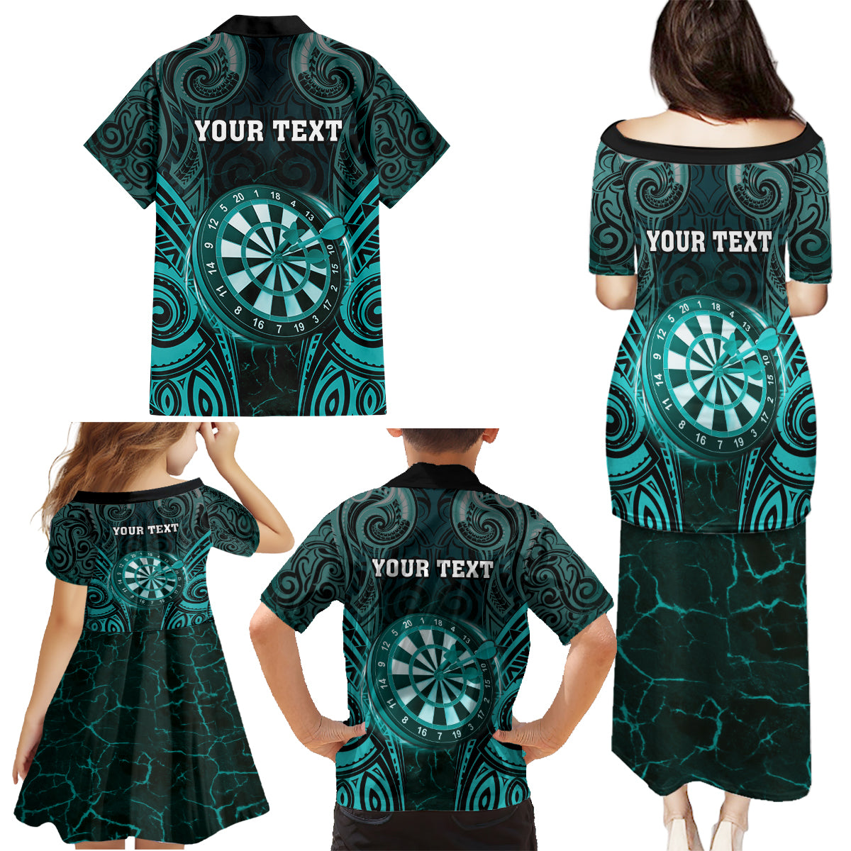 Personalised New Zealand Darts Family Matching Puletasi and Hawaiian Shirt Turquoise Dart Board Maori Pattern LT05 - Polynesian Pride