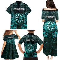 Personalised New Zealand Darts Family Matching Puletasi and Hawaiian Shirt Turquoise Dart Board Maori Pattern LT05 - Polynesian Pride