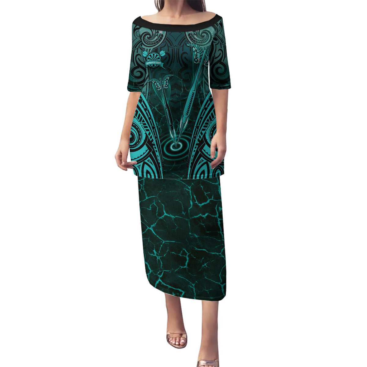 Personalised New Zealand Darts Family Matching Puletasi and Hawaiian Shirt Turquoise Dart Board Maori Pattern LT05 Mom's Dress Turquoise - Polynesian Pride