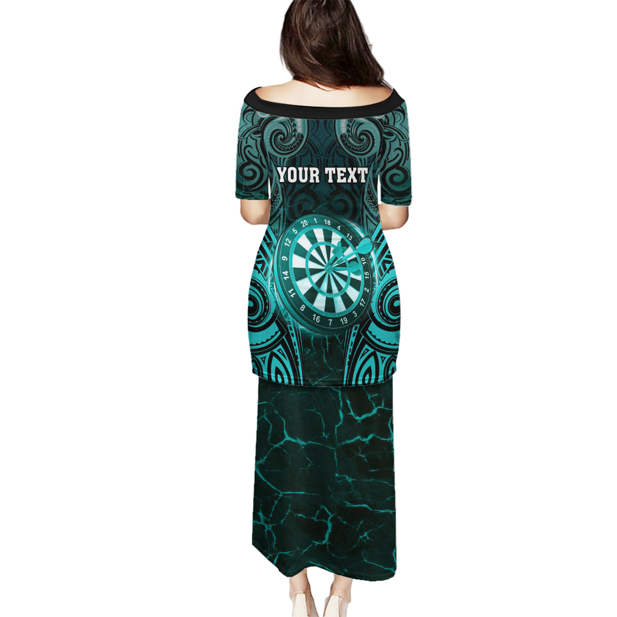 Personalised New Zealand Darts Family Matching Puletasi and Hawaiian Shirt Turquoise Dart Board Maori Pattern LT05 - Polynesian Pride
