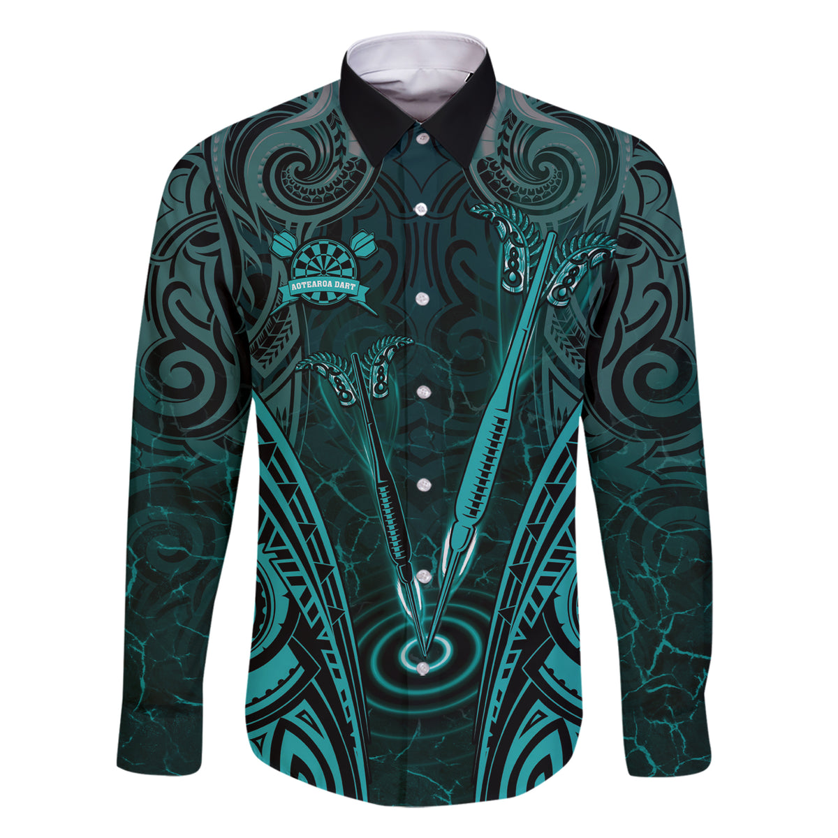 Personalised New Zealand Darts Family Matching Short Sleeve Bodycon Dress and Hawaiian Shirt Turquoise Dart Board Maori Pattern LT05 Dad's Shirt - Long Sleeve Turquoise - Polynesian Pride