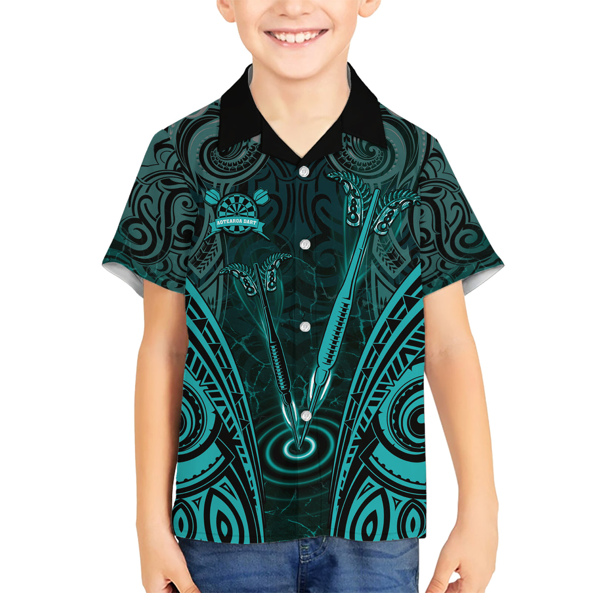 Personalised New Zealand Darts Family Matching Short Sleeve Bodycon Dress and Hawaiian Shirt Turquoise Dart Board Maori Pattern LT05 Son's Shirt Turquoise - Polynesian Pride