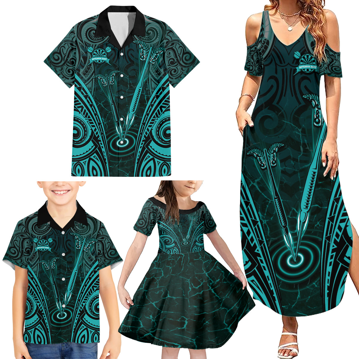 Personalised New Zealand Darts Family Matching Summer Maxi Dress and Hawaiian Shirt Turquoise Dart Board Maori Pattern LT05 - Polynesian Pride
