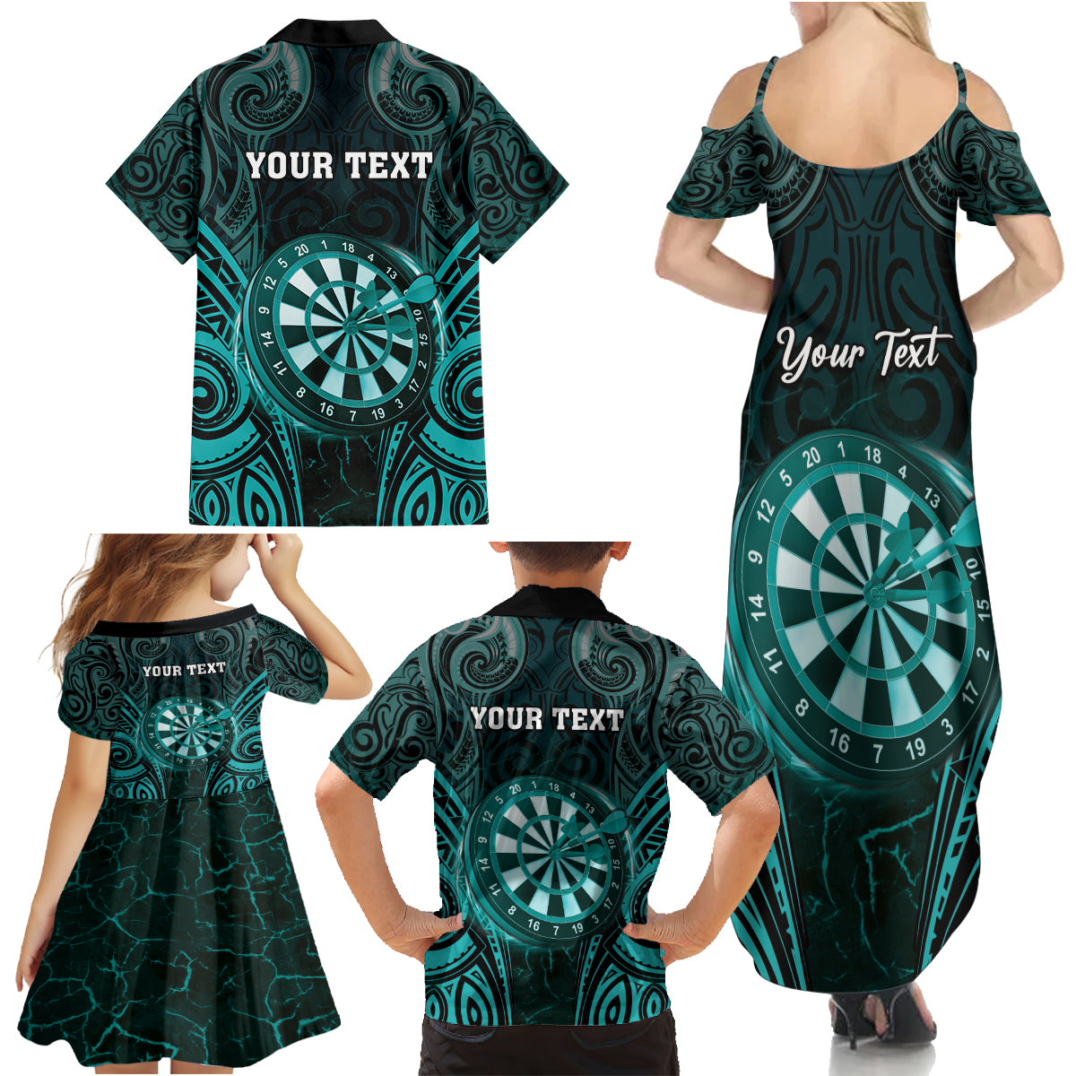 Personalised New Zealand Darts Family Matching Summer Maxi Dress and Hawaiian Shirt Turquoise Dart Board Maori Pattern LT05 - Polynesian Pride