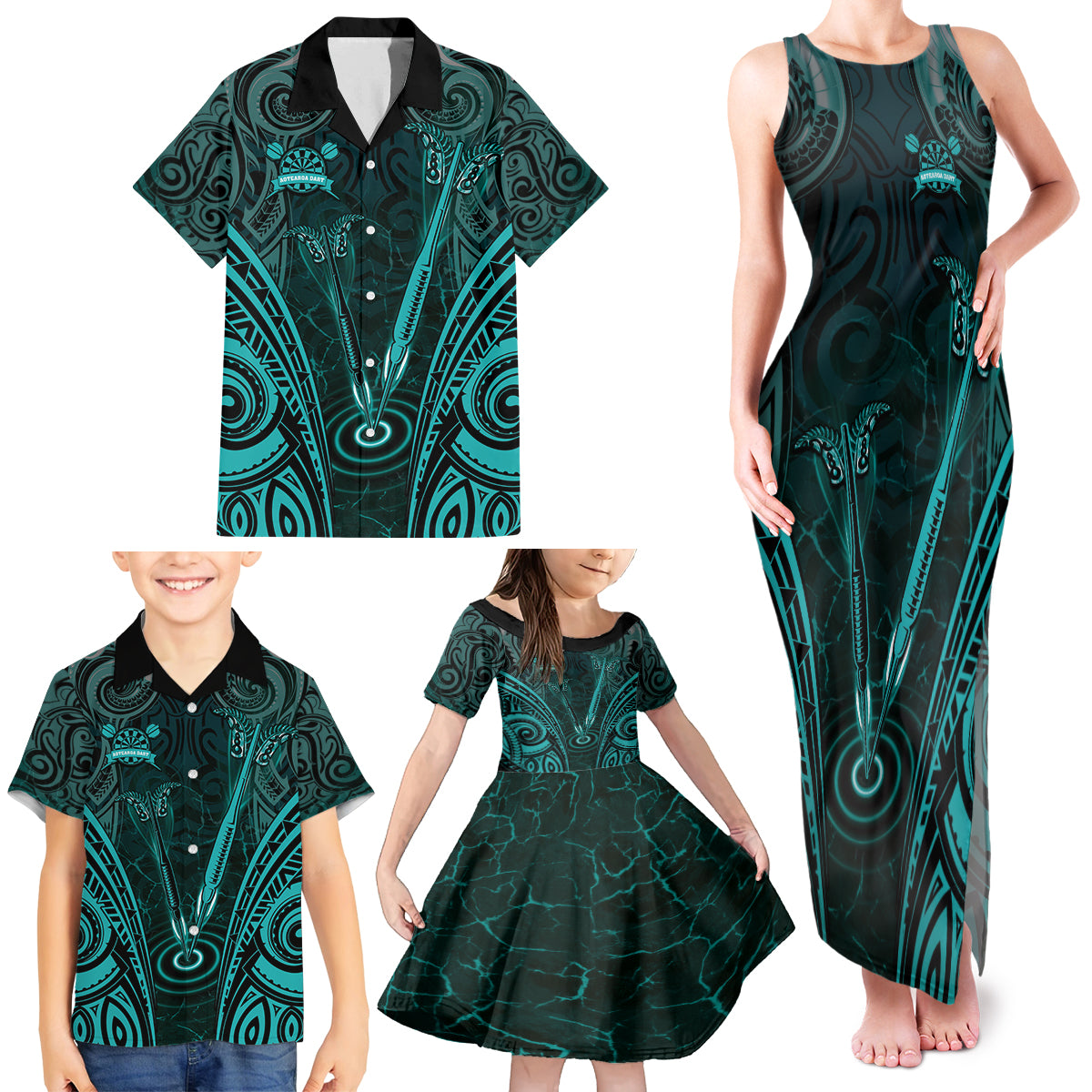 Personalised New Zealand Darts Family Matching Tank Maxi Dress and Hawaiian Shirt Turquoise Dart Board Maori Pattern LT05 - Polynesian Pride