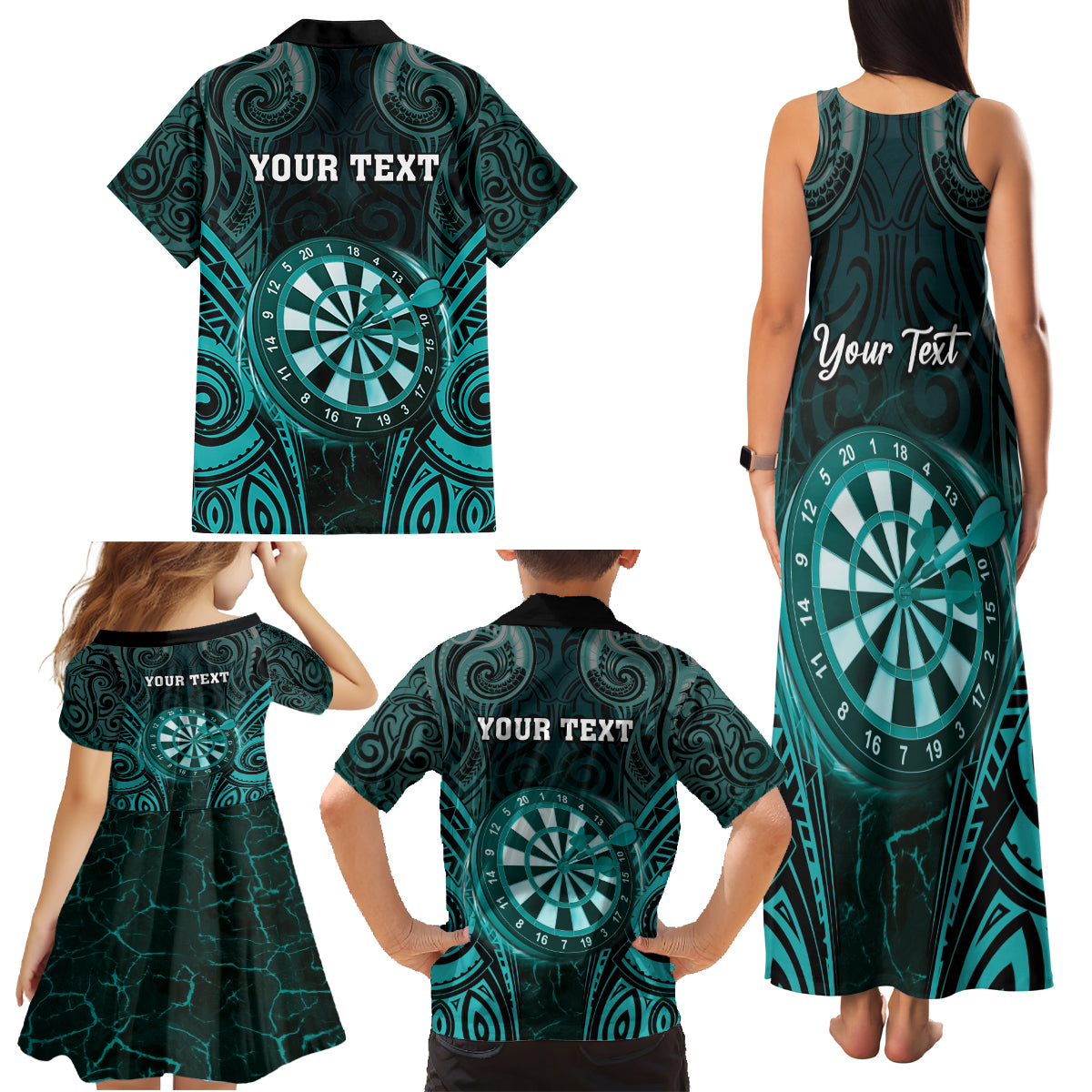 Personalised New Zealand Darts Family Matching Tank Maxi Dress and Hawaiian Shirt Turquoise Dart Board Maori Pattern LT05 - Polynesian Pride