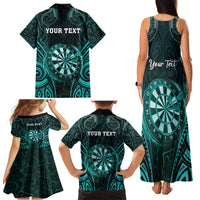 Personalised New Zealand Darts Family Matching Tank Maxi Dress and Hawaiian Shirt Turquoise Dart Board Maori Pattern LT05 - Polynesian Pride