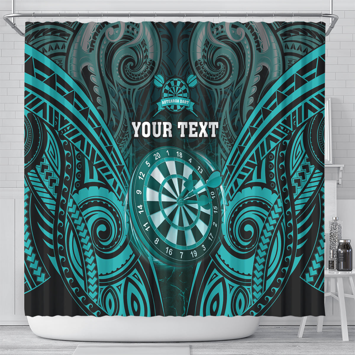 Personalised New Zealand Darts Shower Curtain Turquoise Dart Board Maori Pattern LT05 - Polynesian Pride