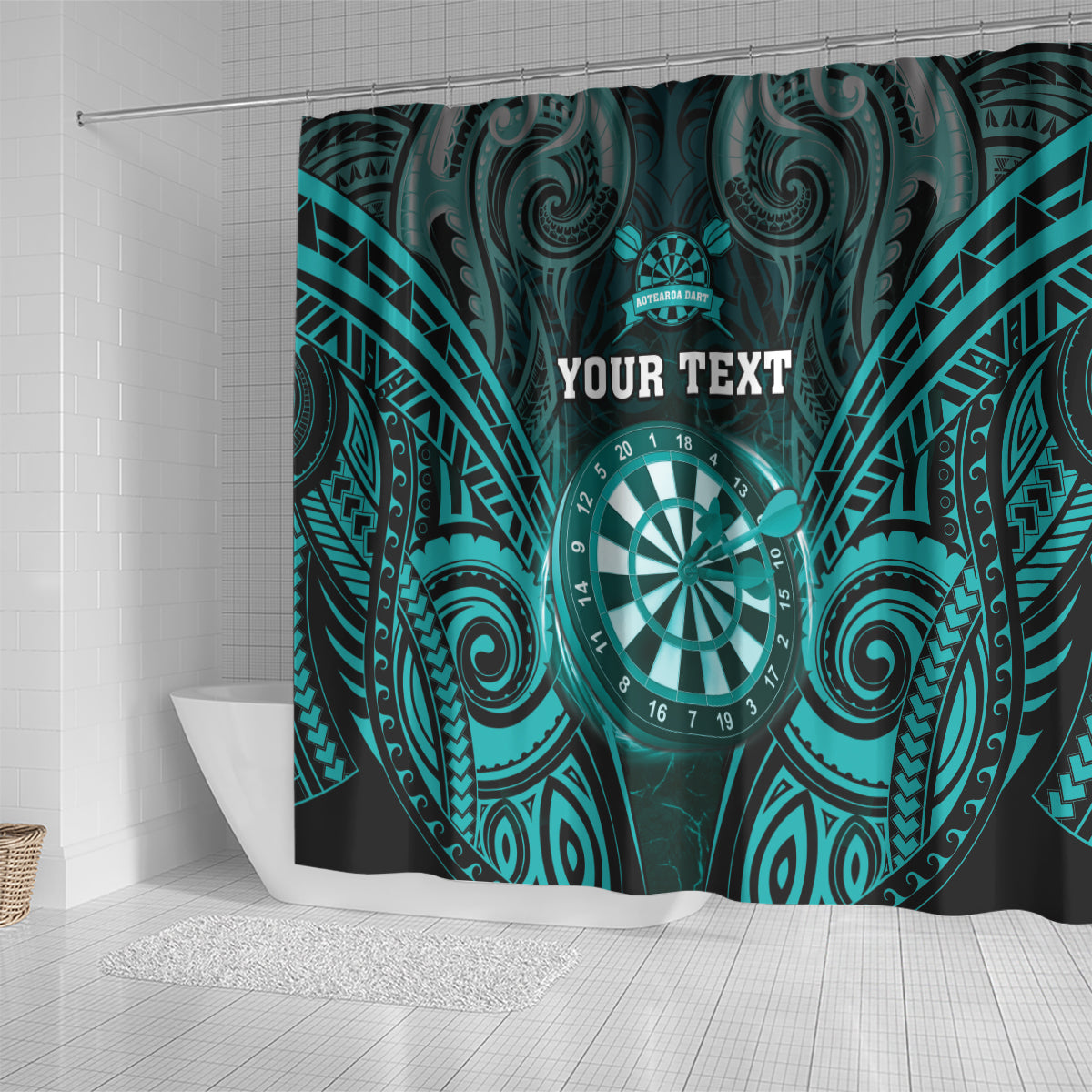 Personalised New Zealand Darts Shower Curtain Turquoise Dart Board Maori Pattern LT05 - Polynesian Pride