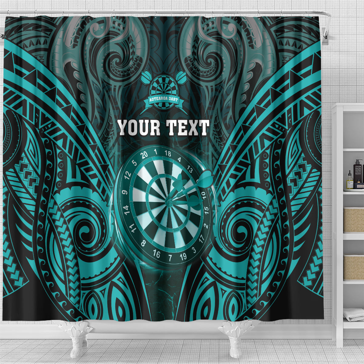 Personalised New Zealand Darts Shower Curtain Turquoise Dart Board Maori Pattern LT05 - Polynesian Pride