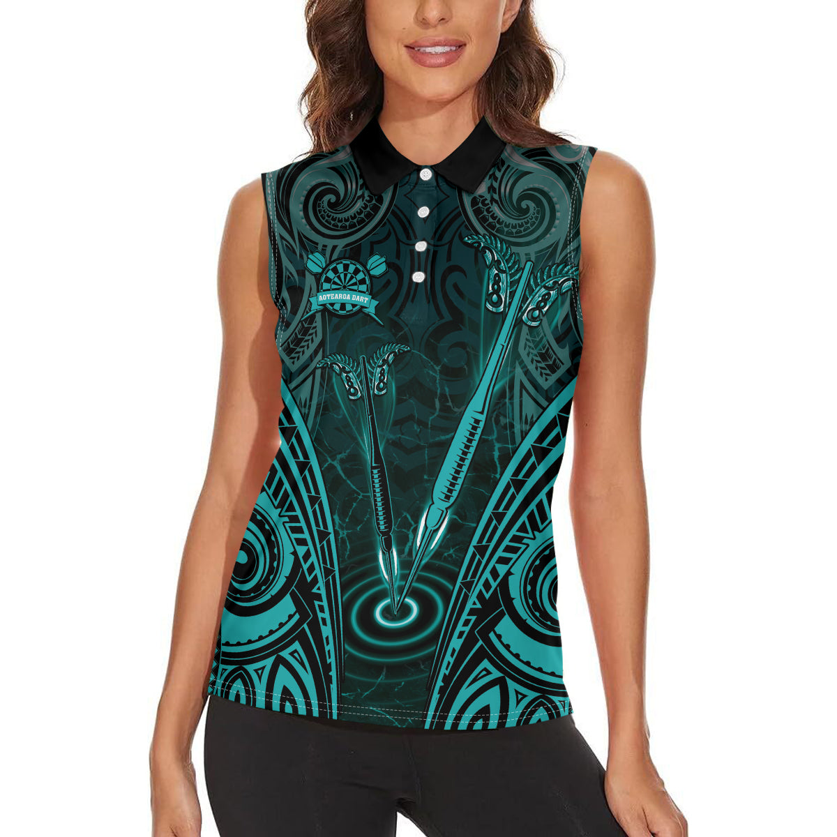 Personalised New Zealand Darts Women Sleeveless Polo Shirt Turquoise Dart Board Maori Pattern LT05 - Polynesian Pride