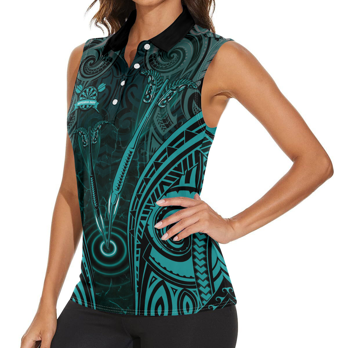 Personalised New Zealand Darts Women Sleeveless Polo Shirt Turquoise Dart Board Maori Pattern LT05 - Polynesian Pride