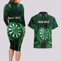 Personalised New Zealand Darts Couples Matching Long Sleeve Bodycon Dress and Hawaiian Shirt Green Dart Board Maori Pattern LT05 - Polynesian Pride