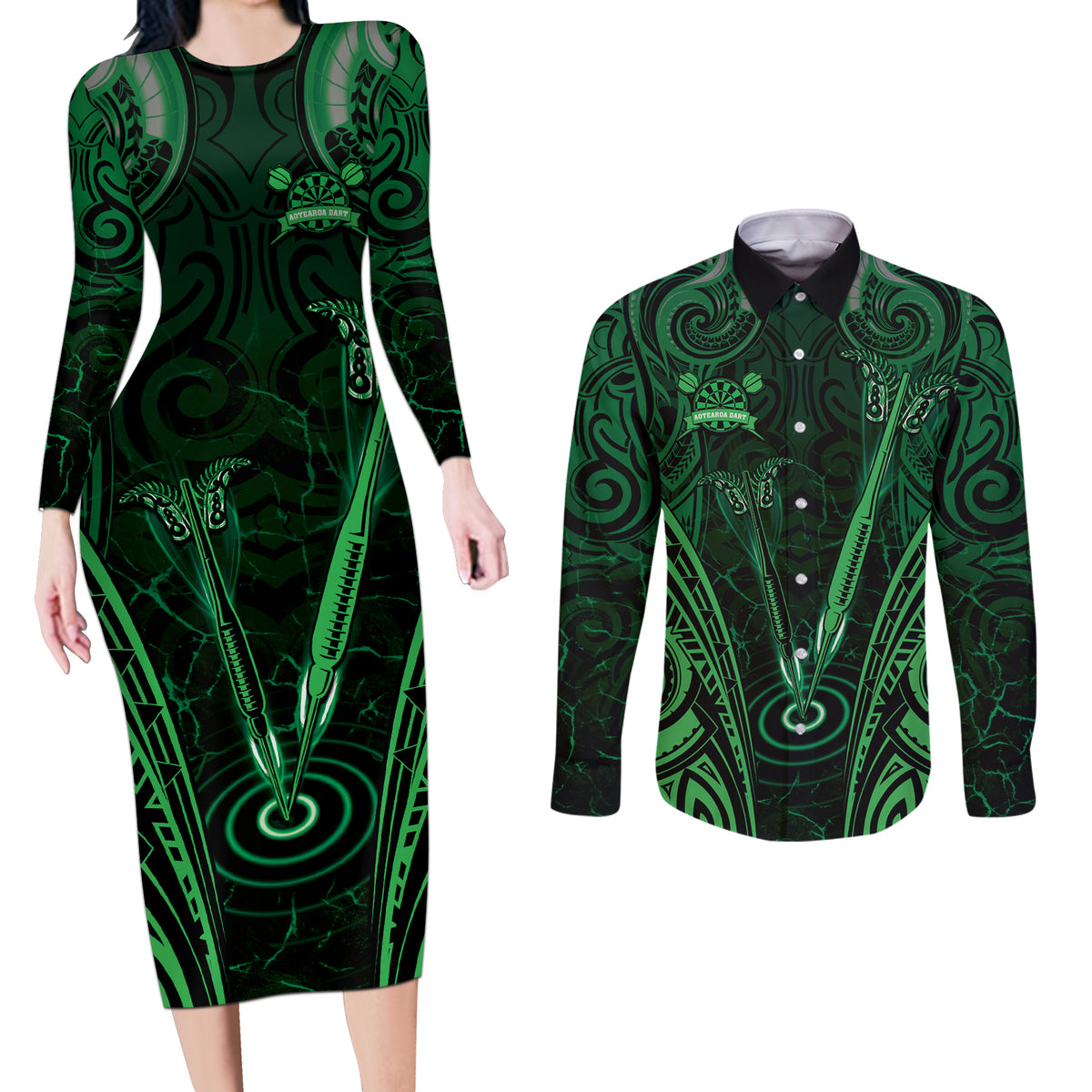Personalised New Zealand Darts Couples Matching Long Sleeve Bodycon Dress and Long Sleeve Button Shirt Green Dart Board Maori Pattern LT05 Green - Polynesian Pride